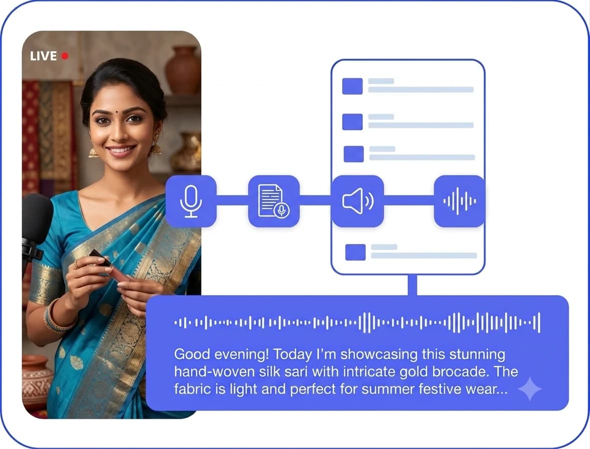 A live Winklook selling session being transcribed, with the seller on camera describing a silk sari and her speech captured as a searchable transcript beside it